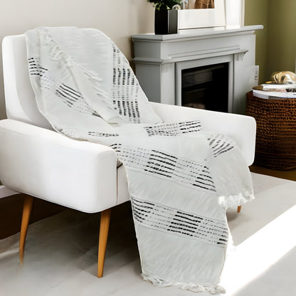 Beige and Gray Woven Cotton Throw Blanket with Fringe HomeRoots
