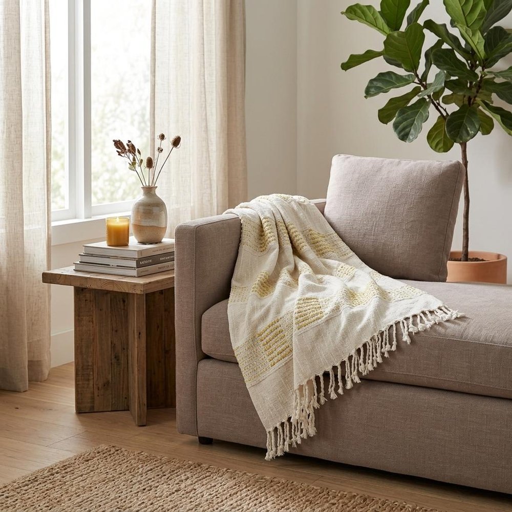 Yellow Woven Cotton Throw Blanket — view 4