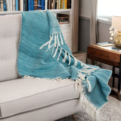 50" X 60" Teal And Blue Poly PET Woven Abstract Throw Blanket with Tassels