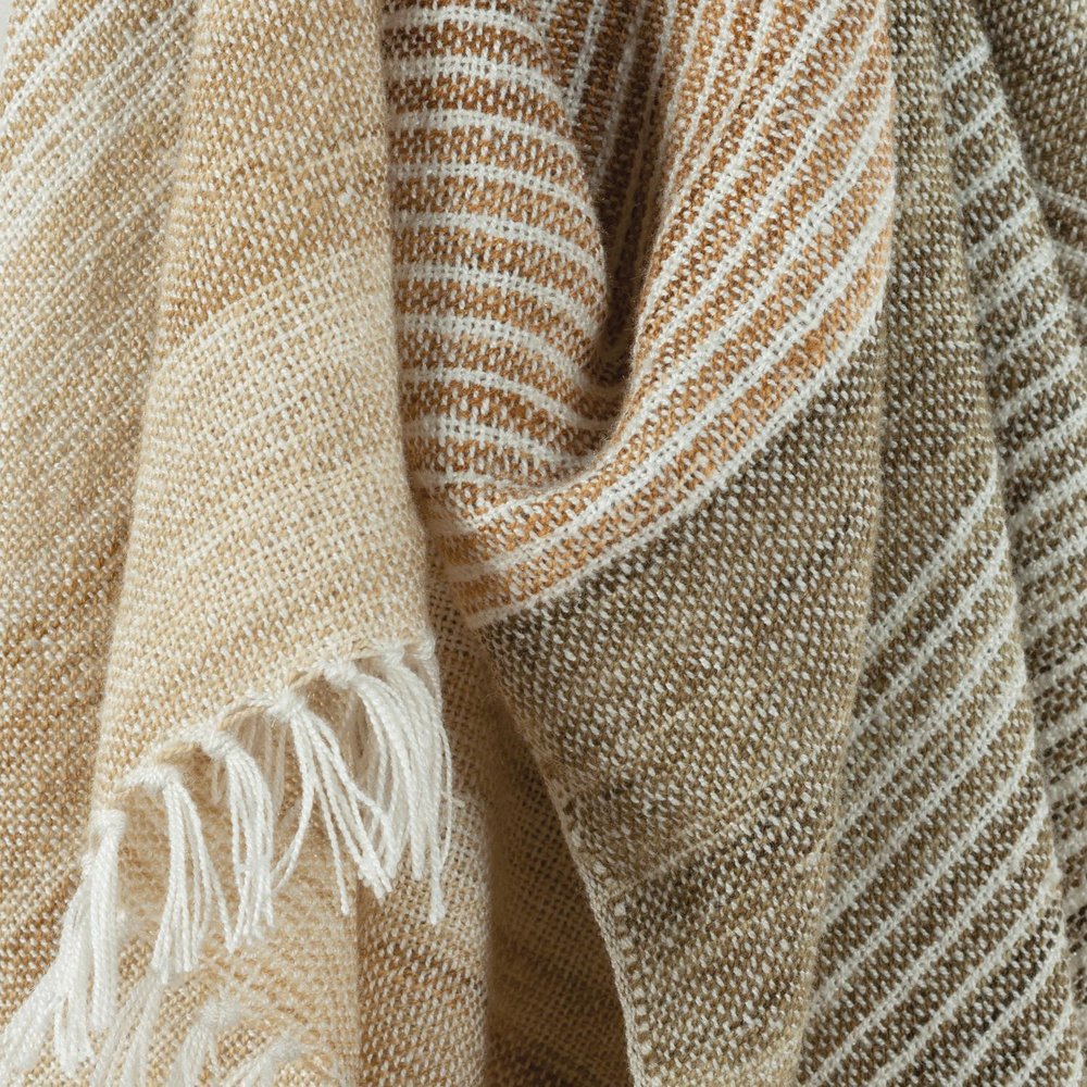 50" X 60" Beige Brown And Ivory Recycled Poly PET Striped Throw Blanket with Tassels — view 1