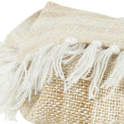 50" X 60" Beige Brown And Ivory Recycled Poly PET Striped Throw Blanket with Tassels HomeRoots