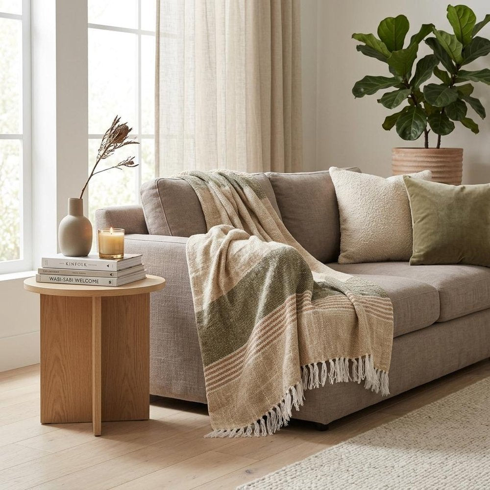 50" X 60" Beige Brown And Ivory Recycled Poly PET Striped Throw Blanket with Tassels — view 7