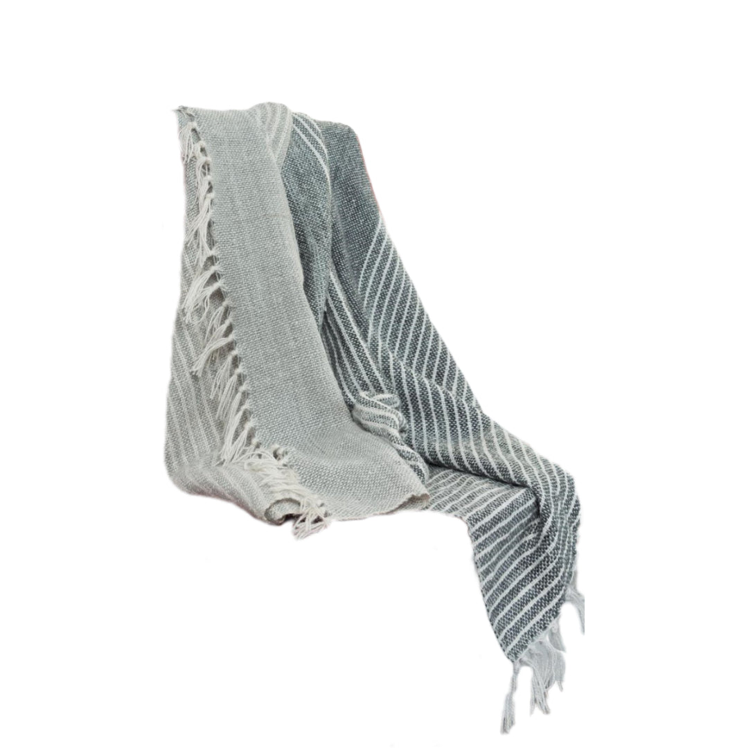 Gray and White Woven Recycled PET Polyester Throw Blanket with Tassels