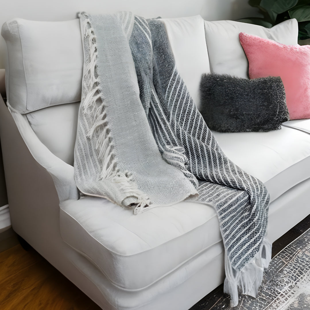 Gray and White Woven Recycled PET Polyester Throw Blanket with Tassels