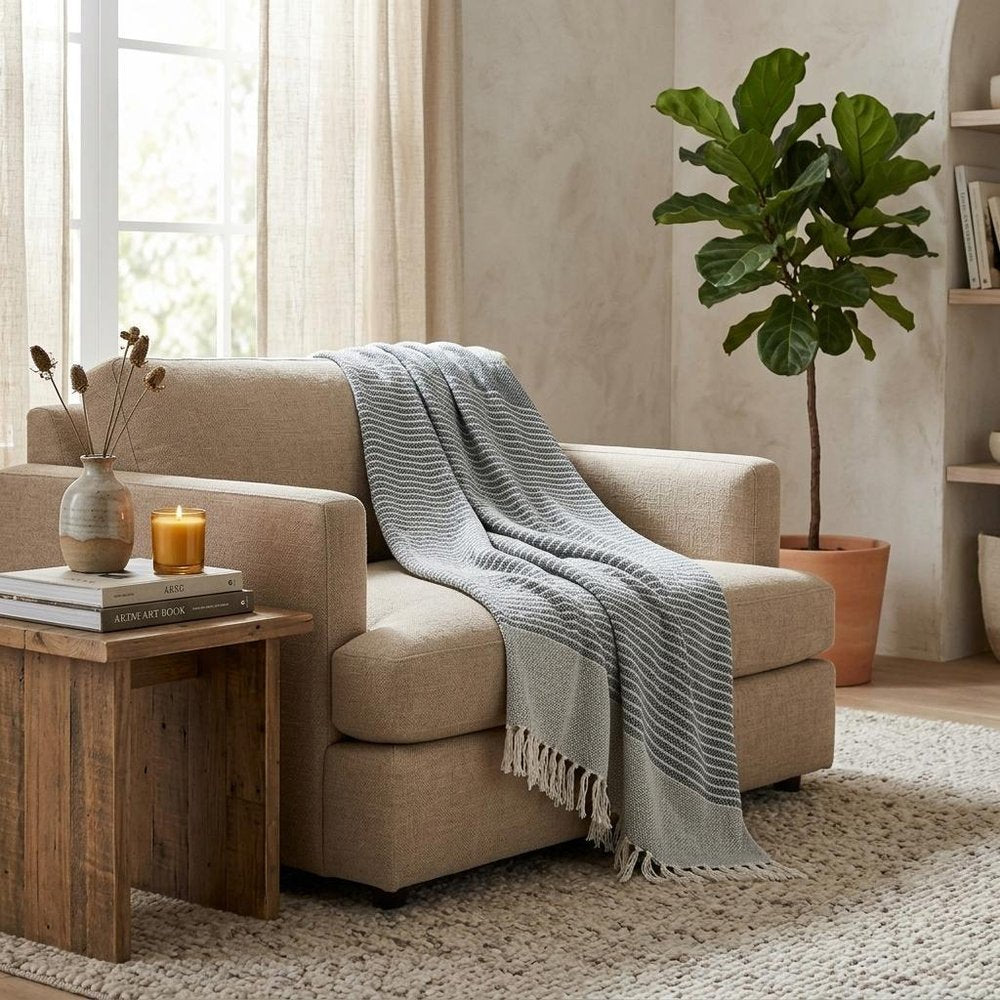 Gray and White Woven Recycled PET Polyester Throw Blanket with Tassels HomeRoots