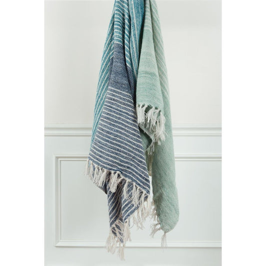 50" X 60" Aqua Blue Teal And Ivory Recycled PET Woven Stripe Throw Blanket with Tassels HomeRoots