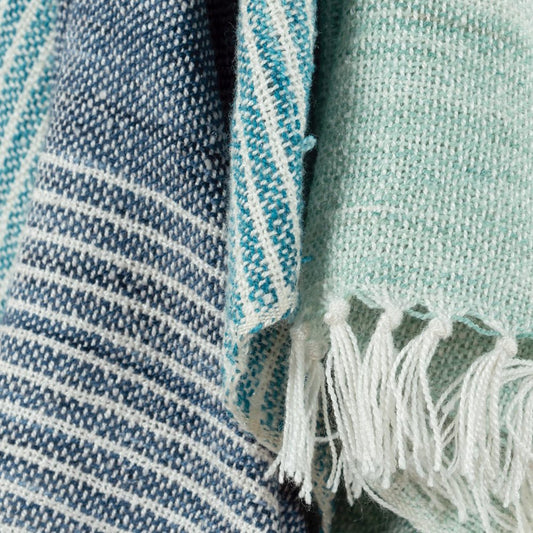 50" X 60" Aqua Blue Teal And Ivory Recycled PET Woven Stripe Throw Blanket with Tassels HomeRoots