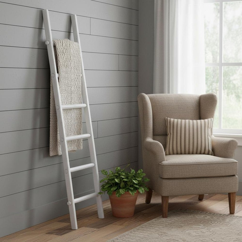 76" White Distressed Solid Wood Four Step Ladder Shelf — view 1