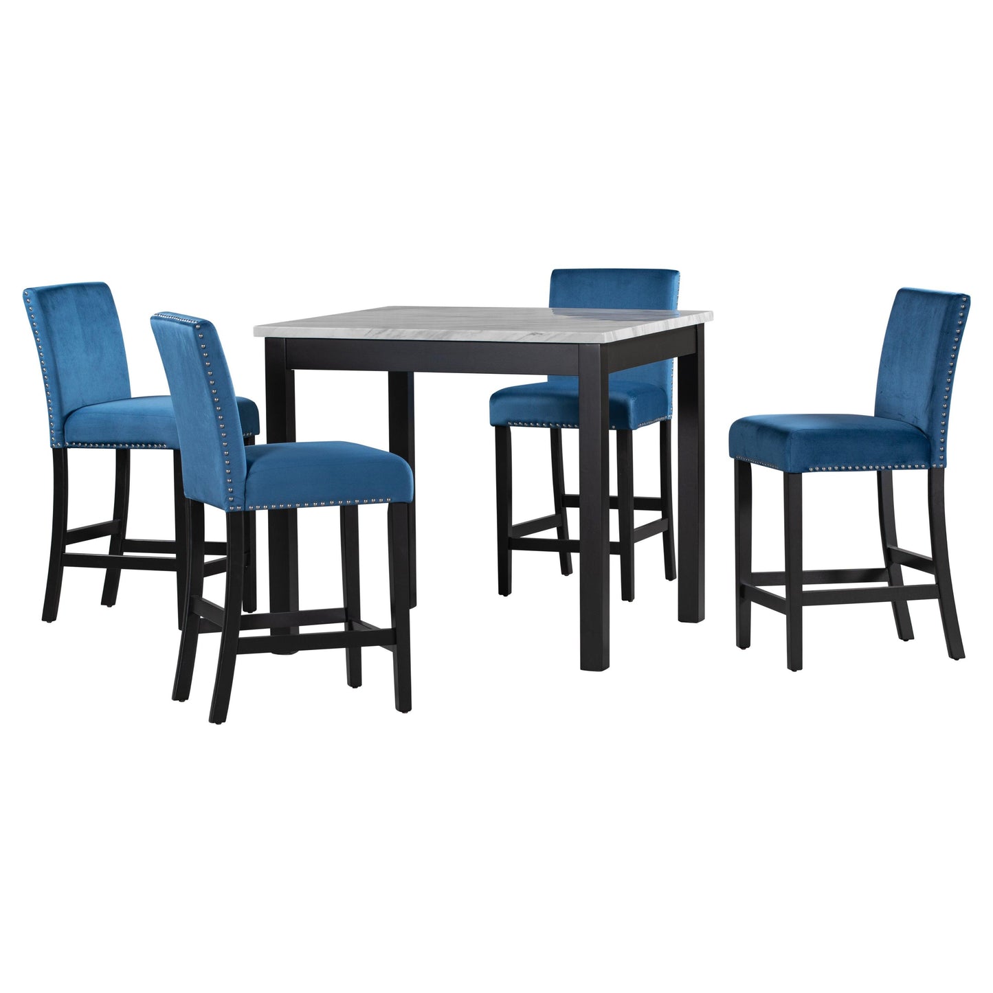 5-piece Counter Height Dining Table Set with One Faux Marble Dining Table and Four Upholstered-Seat Chairs Blue - FurniFindUSA