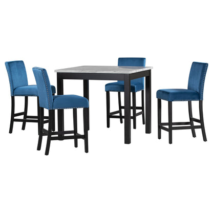 5-piece Counter Height Dining Table Set with One Faux Marble Dining Table and Four Upholstered-Seat Chairs Blue - FurniFindUSA