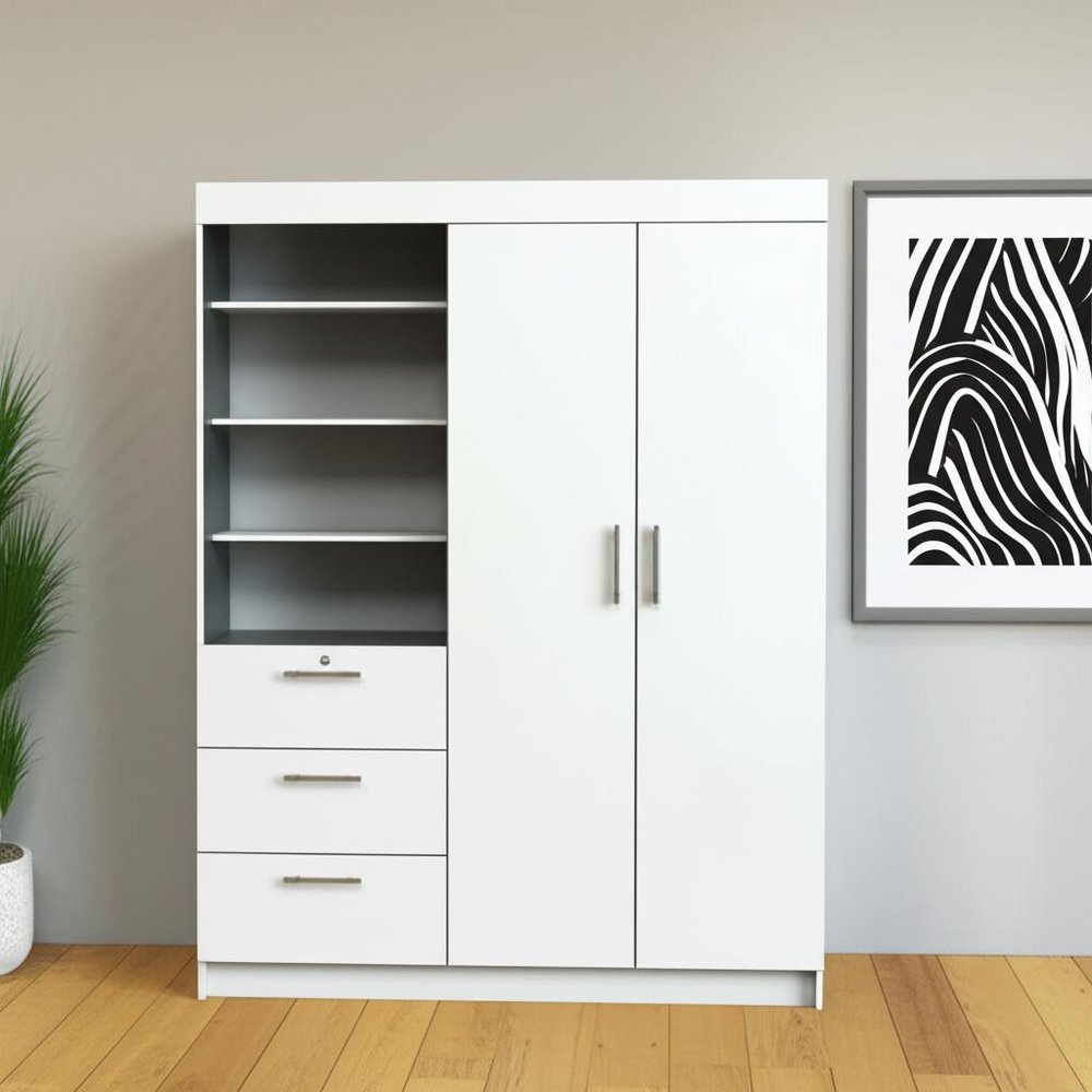 79" White Wood Two Door Three Drawer Combo Dresser — view 3
