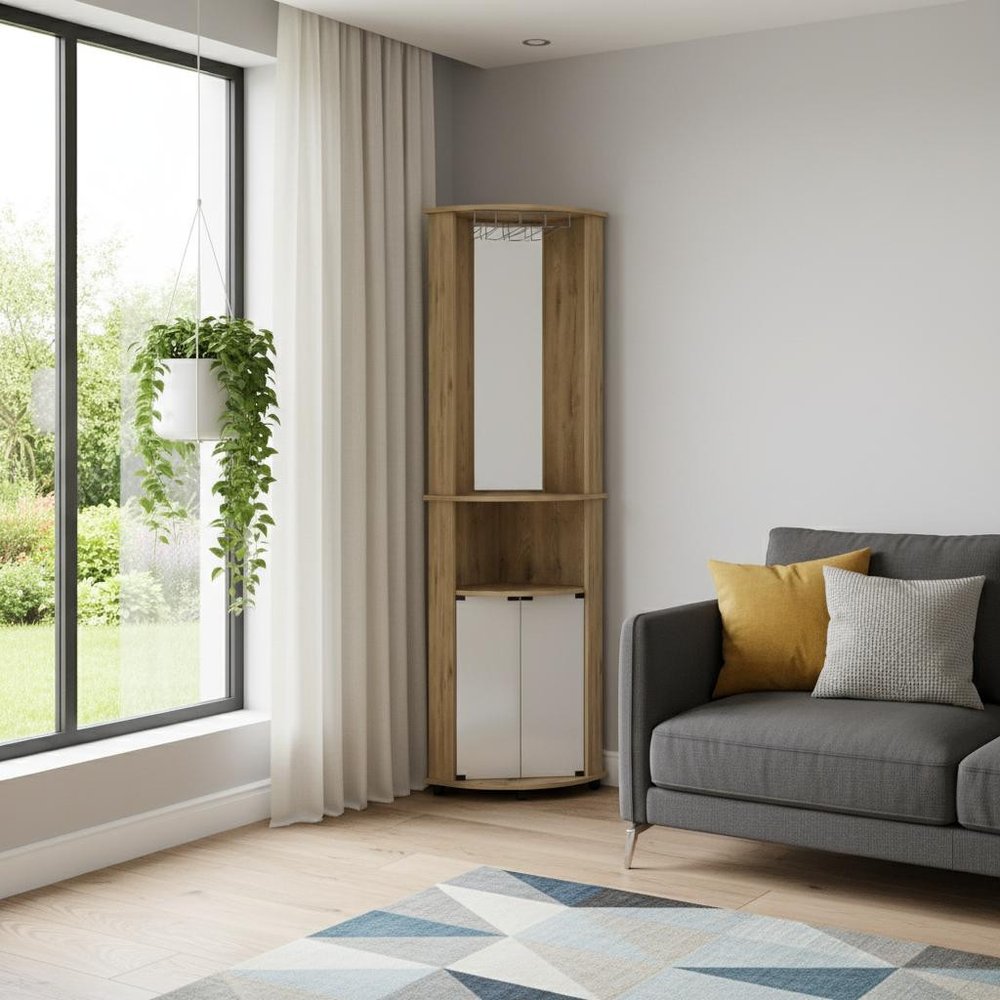 18" Brown Laminate Corner Bar Cabinet With Two Shelves HomeRoots