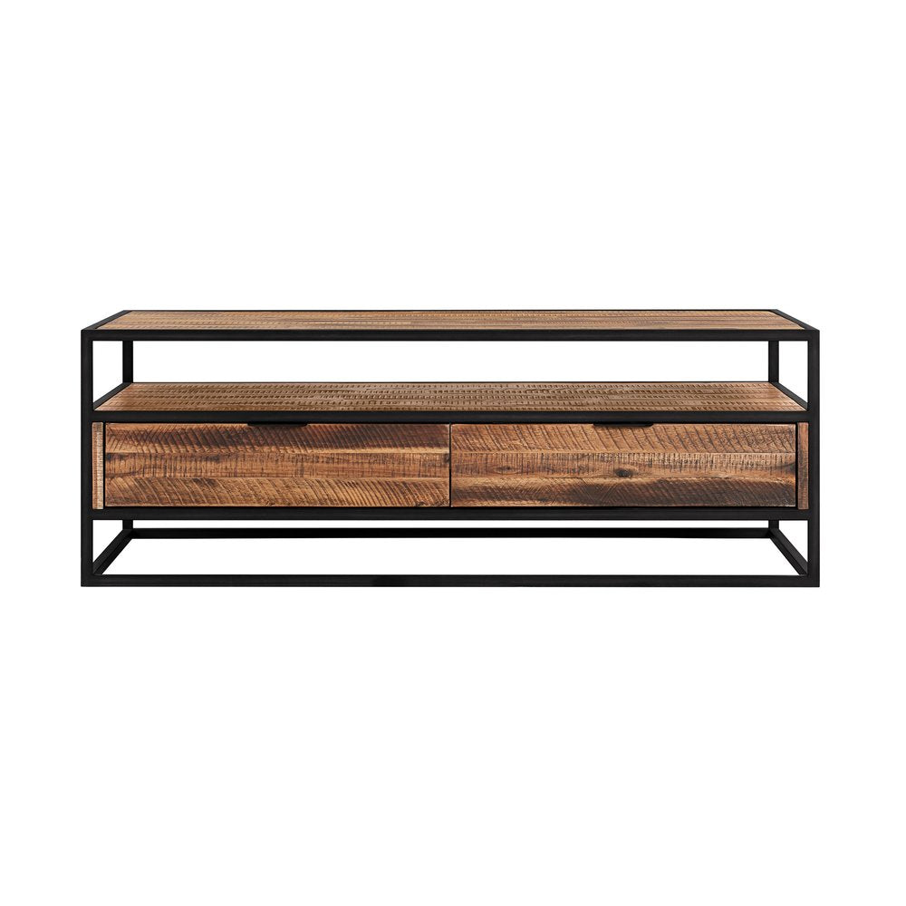 50" Brown And Black Solid Wood And Metal Coffee Table With Two Drawers And Shelf HomeRoots