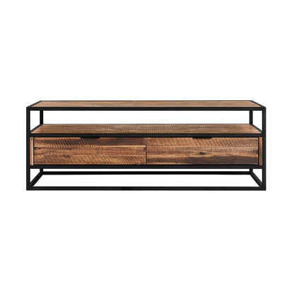 50" Brown And Black Solid Wood And Metal Coffee Table With Two Drawers And Shelf HomeRoots