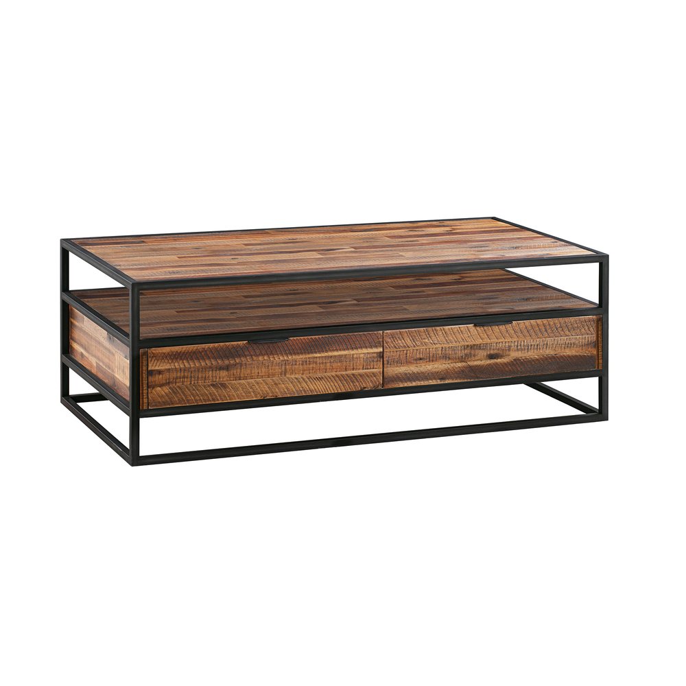 50" Brown And Black Solid Wood And Metal Coffee Table With Two Drawers And Shelf HomeRoots