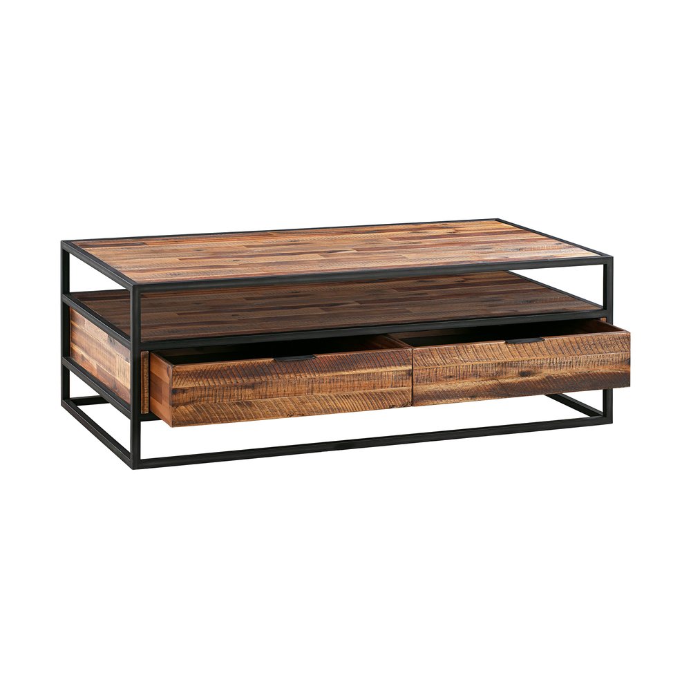 50" Brown And Black Solid Wood And Metal Coffee Table With Two Drawers And Shelf HomeRoots