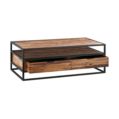 50" Brown And Black Solid Wood And Metal Coffee Table With Two Drawers And Shelf HomeRoots