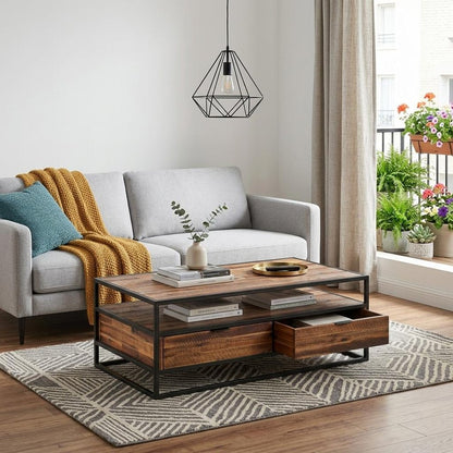 50" Brown And Black Solid Wood And Metal Coffee Table With Two Drawers And Shelf HomeRoots