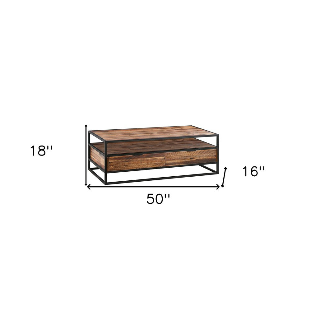 50" Brown And Black Solid Wood And Metal Coffee Table With Two Drawers And Shelf HomeRoots