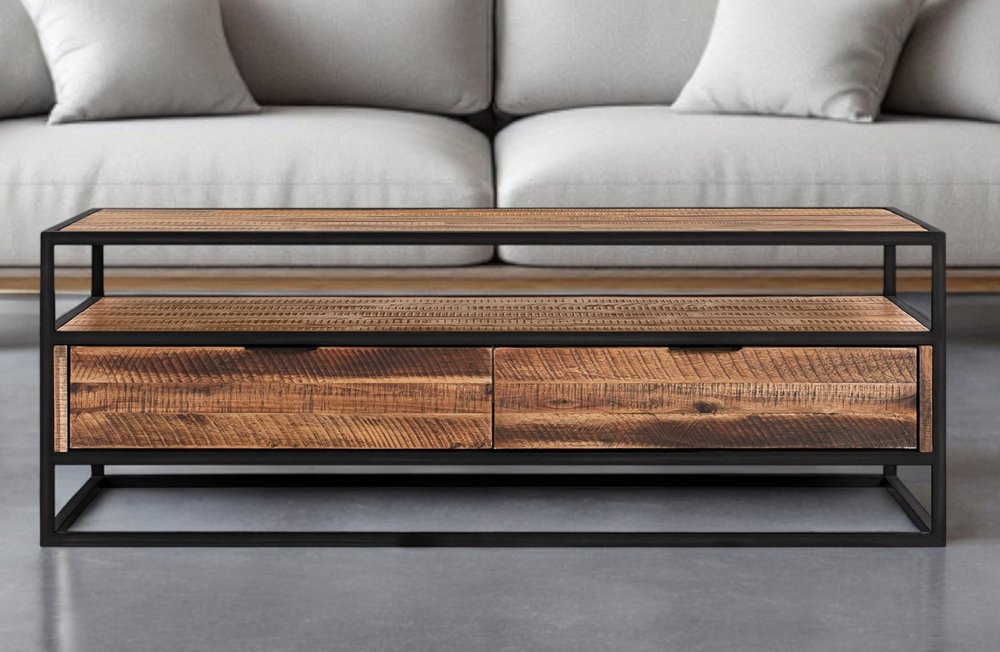 50" Brown And Black Solid Wood And Metal Coffee Table With Two Drawers And Shelf HomeRoots