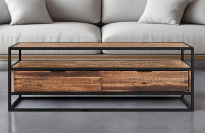 50" Brown And Black Solid Wood And Metal Coffee Table With Two Drawers And Shelf HomeRoots