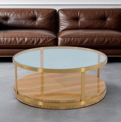 43" Clear Gold And Brown Glass Wood and Metal Round Coffee Table With Shelf HomeRoots