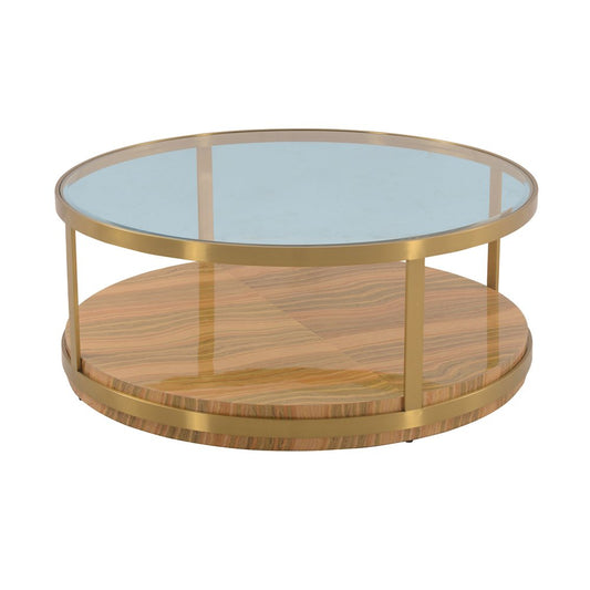 43" Clear Gold And Brown Glass Wood and Metal Round Coffee Table With Shelf HomeRoots