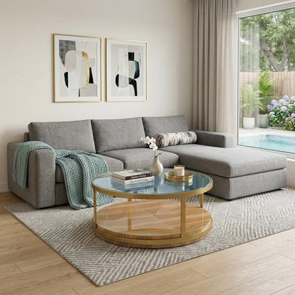 43" Clear Gold And Brown Glass Wood and Metal Round Coffee Table With Shelf HomeRoots