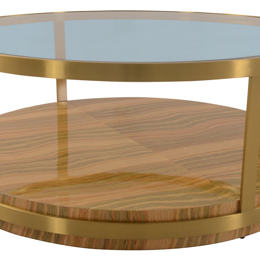 43" Clear Gold And Brown Glass Wood and Metal Round Coffee Table With Shelf HomeRoots