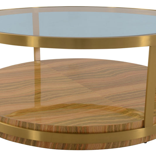 43" Clear Gold And Brown Glass Wood and Metal Round Coffee Table With Shelf HomeRoots