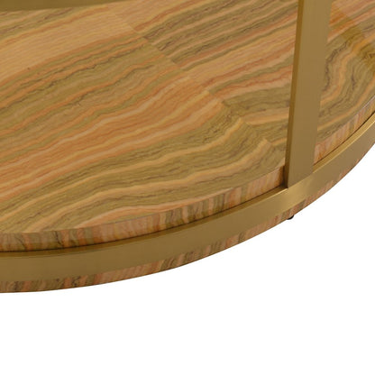 43" Clear Gold And Brown Glass Wood and Metal Round Coffee Table With Shelf HomeRoots