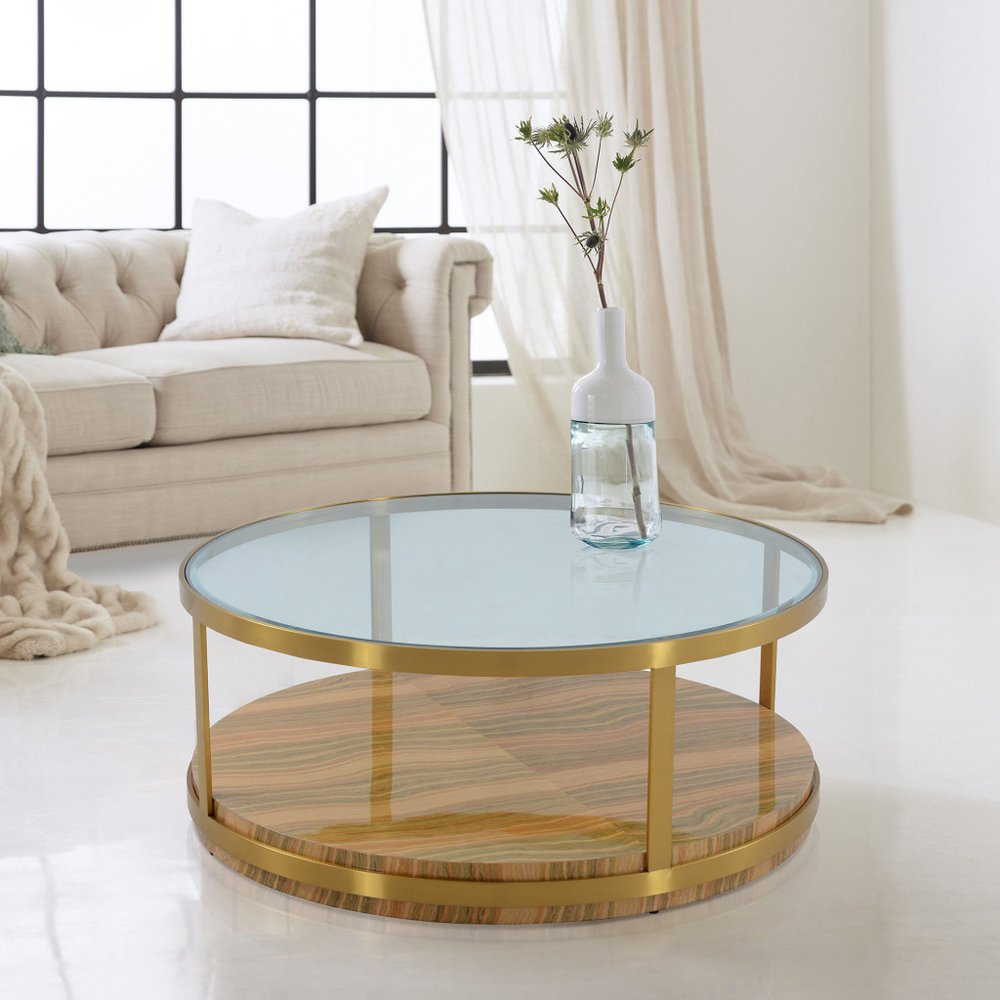 43" Clear Gold And Brown Glass Wood and Metal Round Coffee Table With Shelf HomeRoots