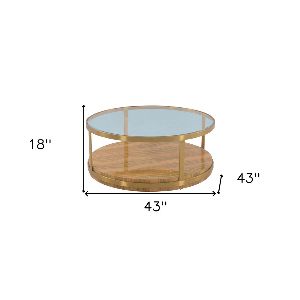 43" Clear Gold And Brown Glass Wood and Metal Round Coffee Table With Shelf HomeRoots