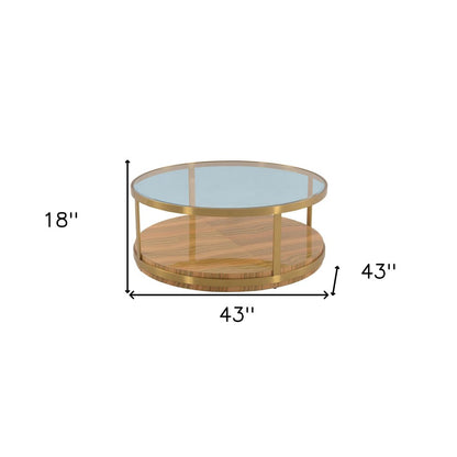 43" Clear Gold And Brown Glass Wood and Metal Round Coffee Table With Shelf HomeRoots
