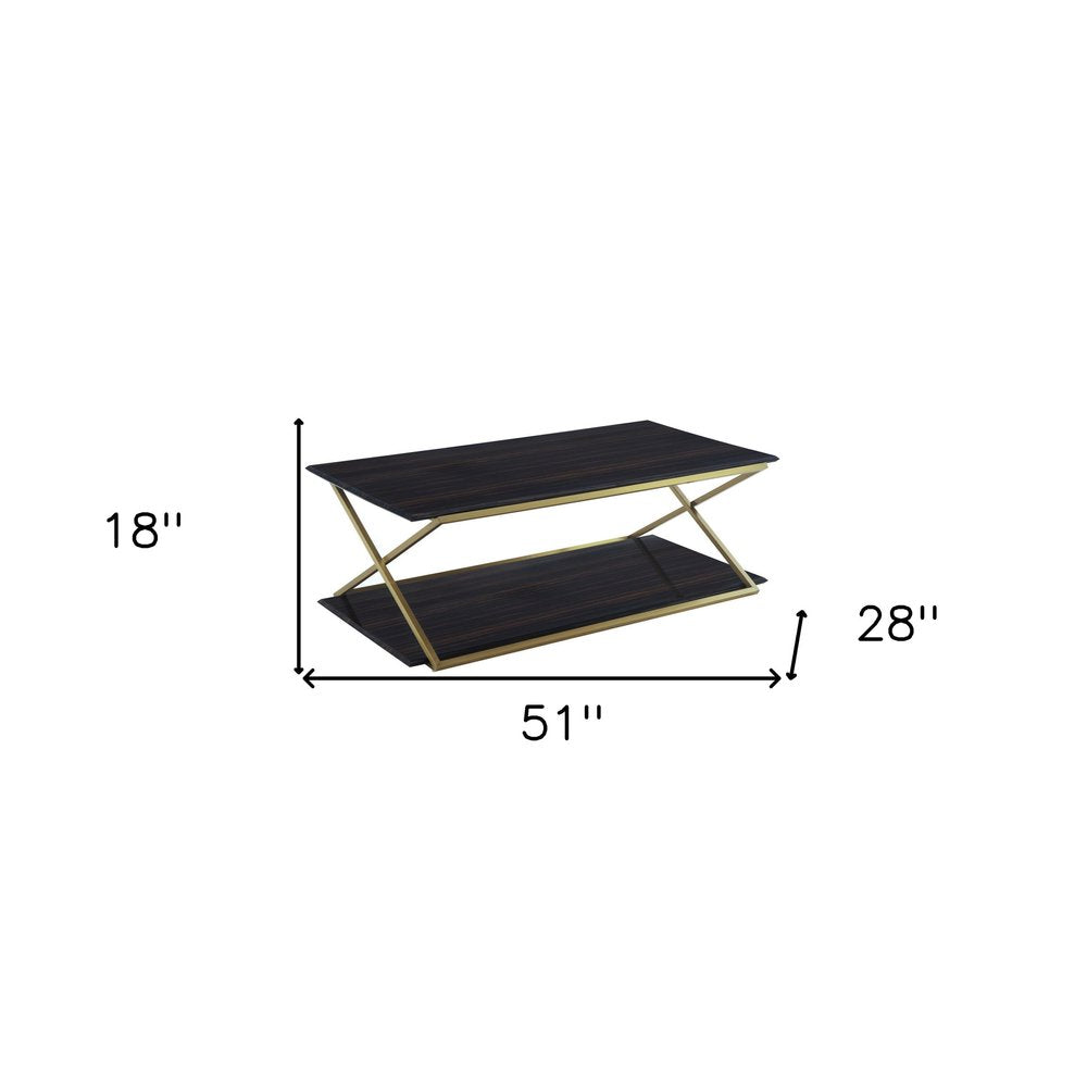 51" Dark Brown And Gold Metal Coffee Table With Shelf HomeRoots