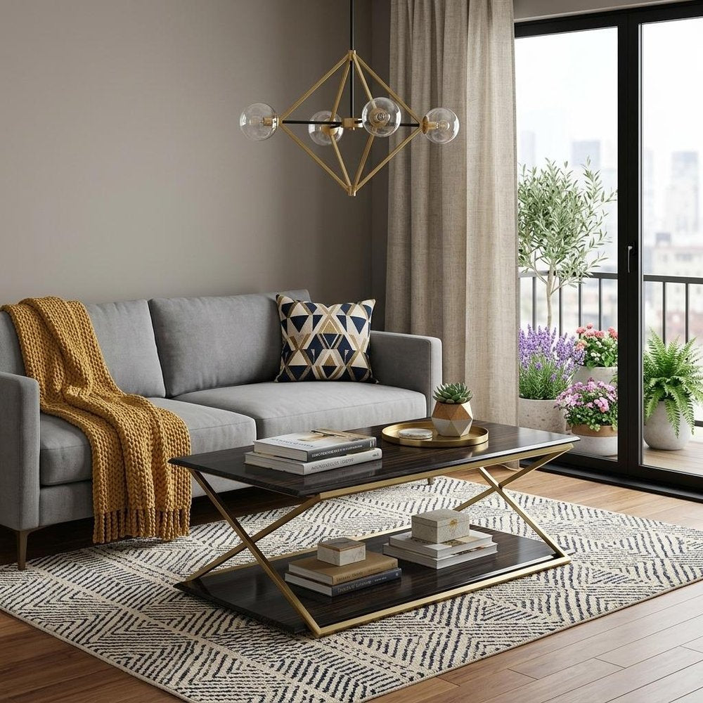 51" Dark Brown And Gold Metal Coffee Table With Shelf HomeRoots
