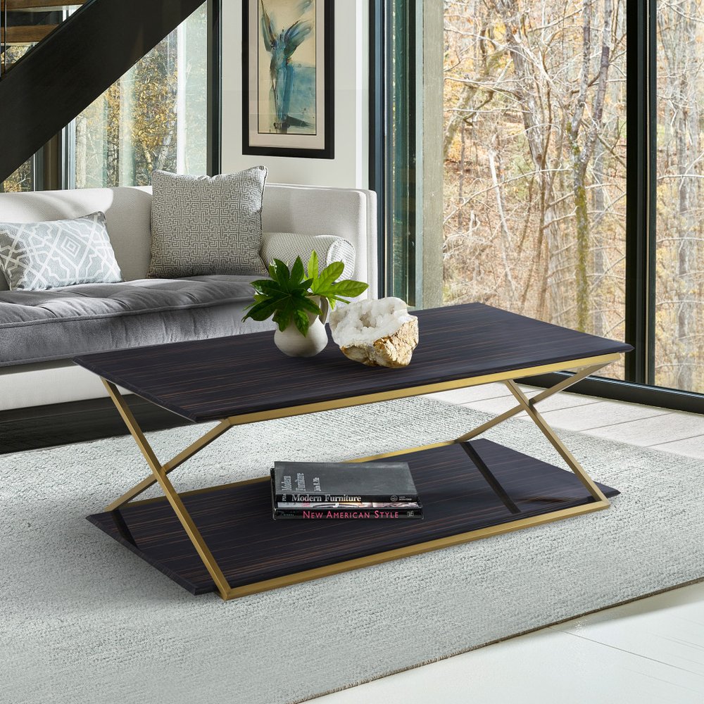 51" Dark Brown And Gold Metal Coffee Table With Shelf HomeRoots