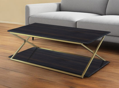 51" Dark Brown And Gold Metal Coffee Table With Shelf