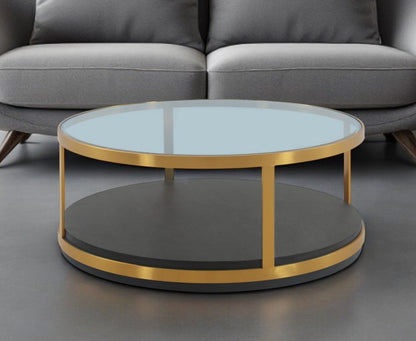 43" Clear And Black Gold Glass And Solid Wood and Metal Round Coffee Table With Shelf HomeRoots