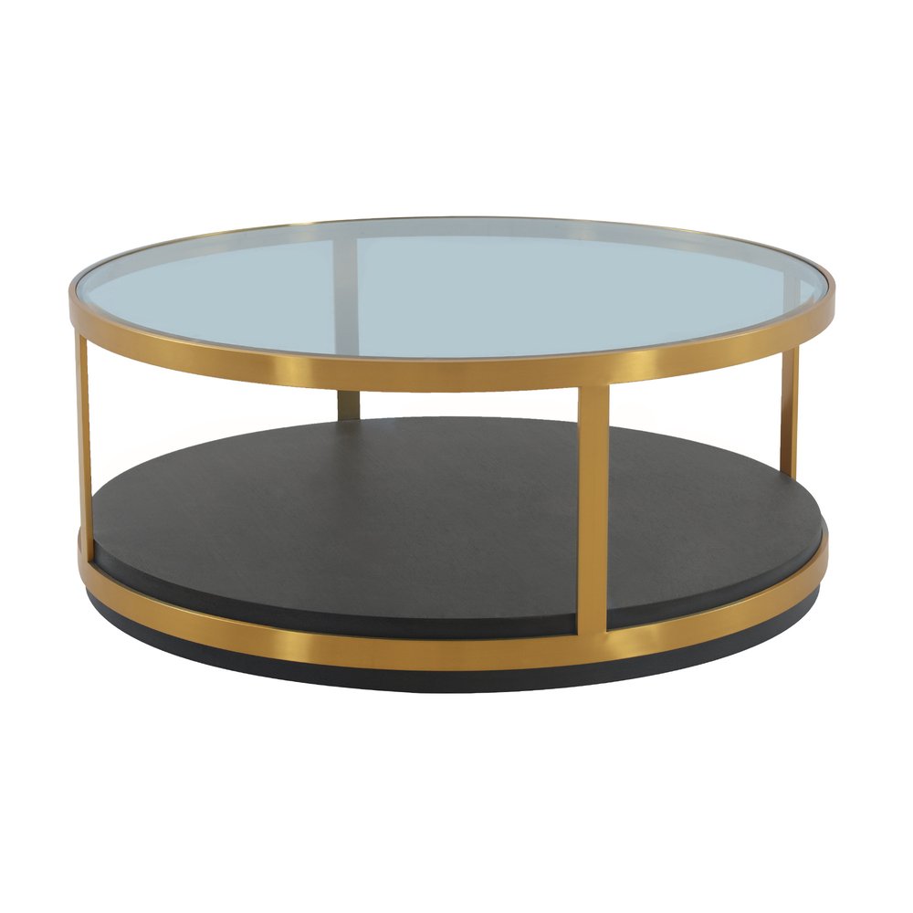 43" Clear And Black Gold Glass And Solid Wood and Metal Round Coffee Table With Shelf HomeRoots