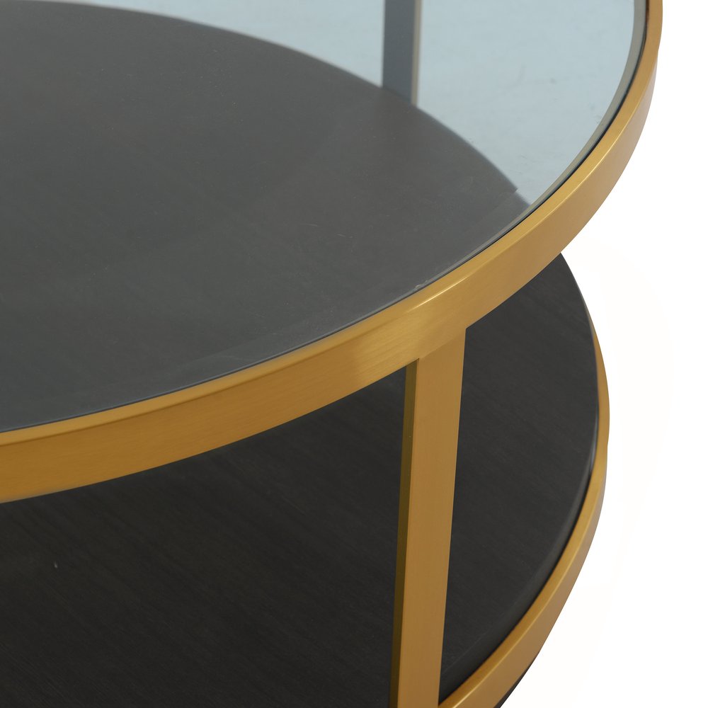 43" Clear And Black Gold Glass And Solid Wood and Metal Round Coffee Table With Shelf HomeRoots
