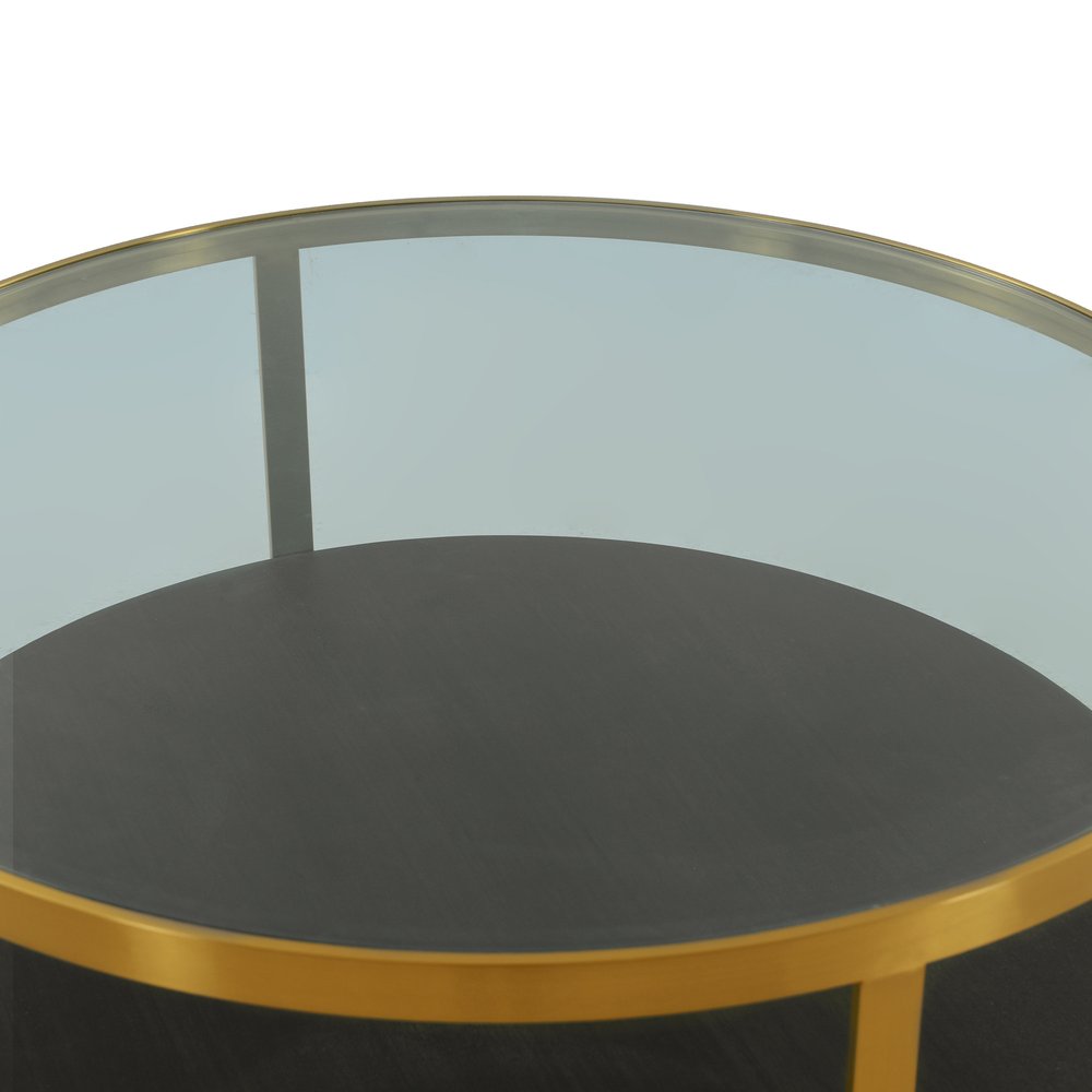 43" Clear And Black Gold Glass And Solid Wood and Metal Round Coffee Table With Shelf HomeRoots