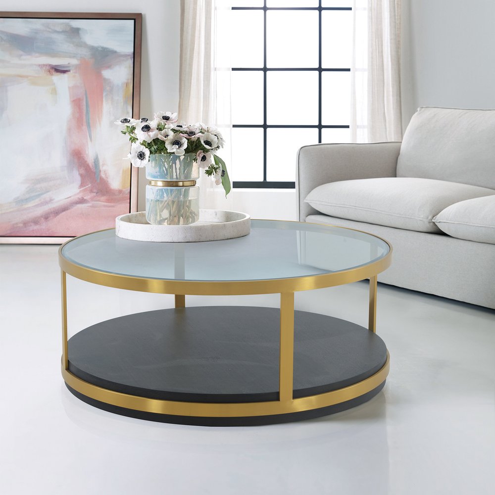 43" Clear And Black Gold Glass And Solid Wood and Metal Round Coffee Table With Shelf HomeRoots
