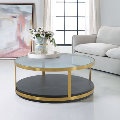 43" Clear And Black Gold Glass And Solid Wood and Metal Round Coffee Table With Shelf HomeRoots