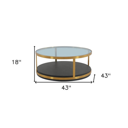 43" Clear And Black Gold Glass And Solid Wood and Metal Round Coffee Table With Shelf HomeRoots
