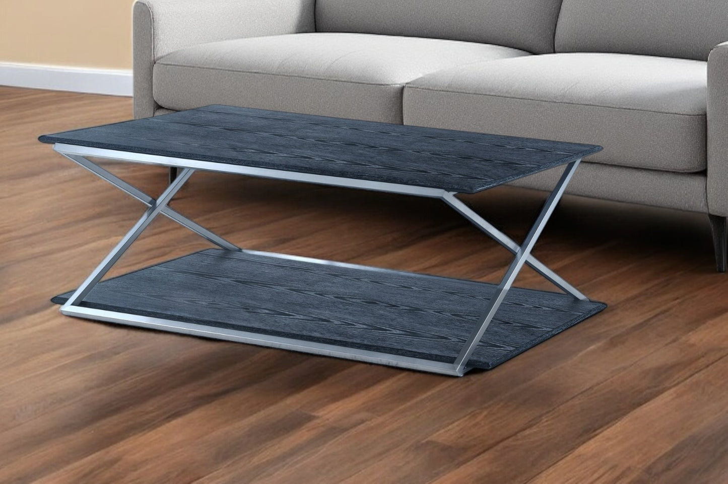 51" Black And Silver Stainless Steel Coffee Table With Shelf