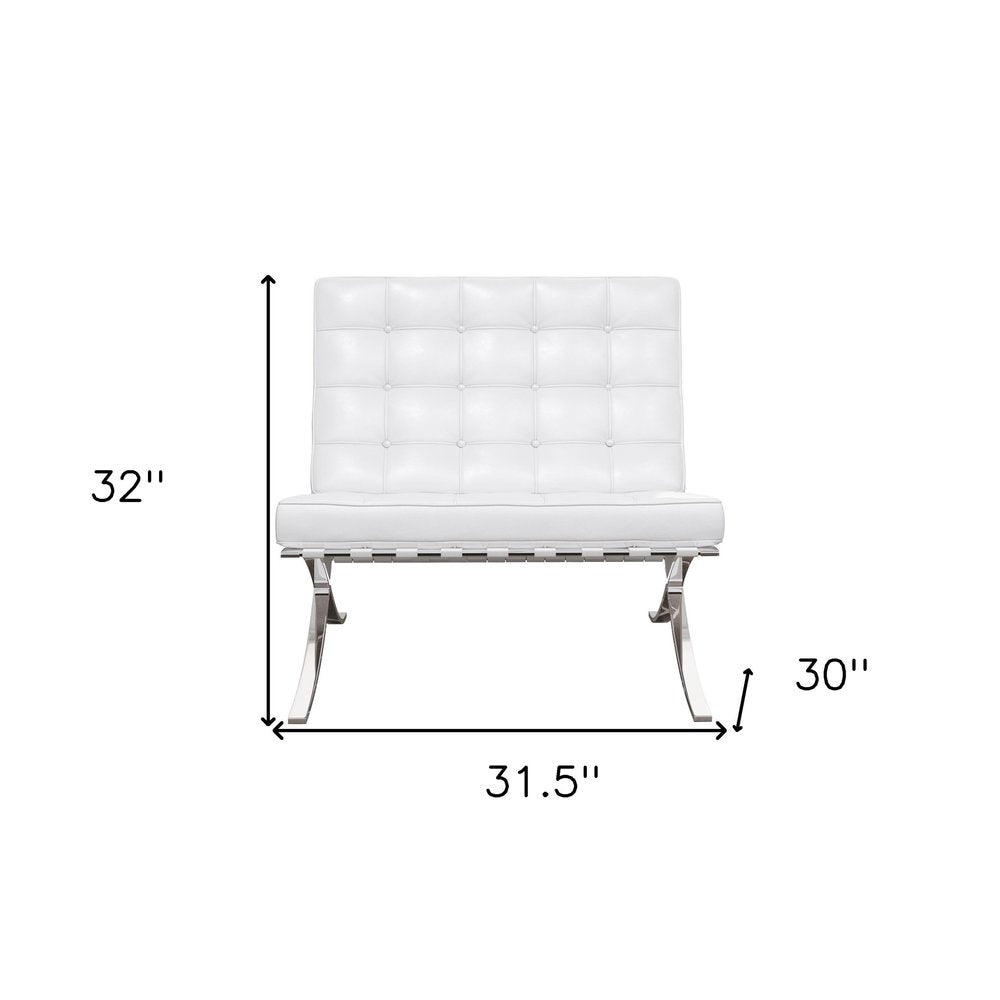 32" White and Silver Italian Leather Tufted Lounge Chair HomeRoots