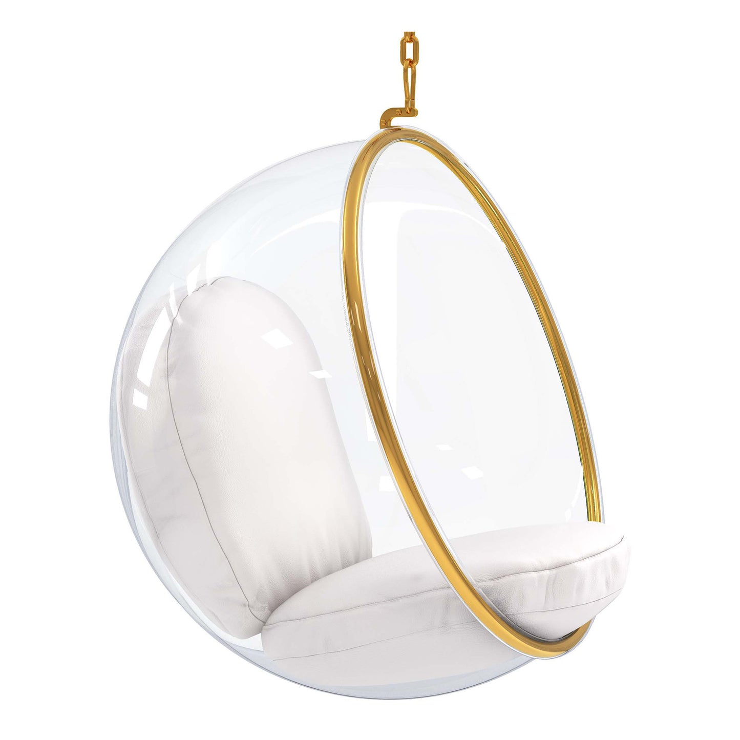 42" White and Gold Acrylic and Faux Leather Hanging Balloon Chair