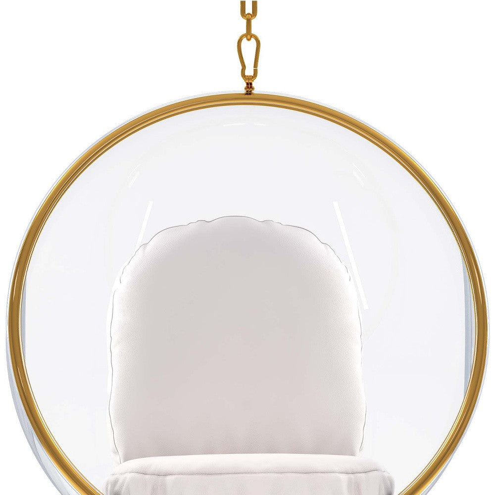 42" White and Gold Acrylic and Faux Leather Hanging Balloon Chair
