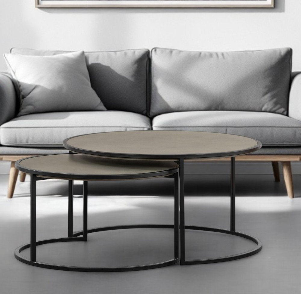 Set of Two 32" Gray And Black Concrete And Metal Round Nested Coffee Tables HomeRoots